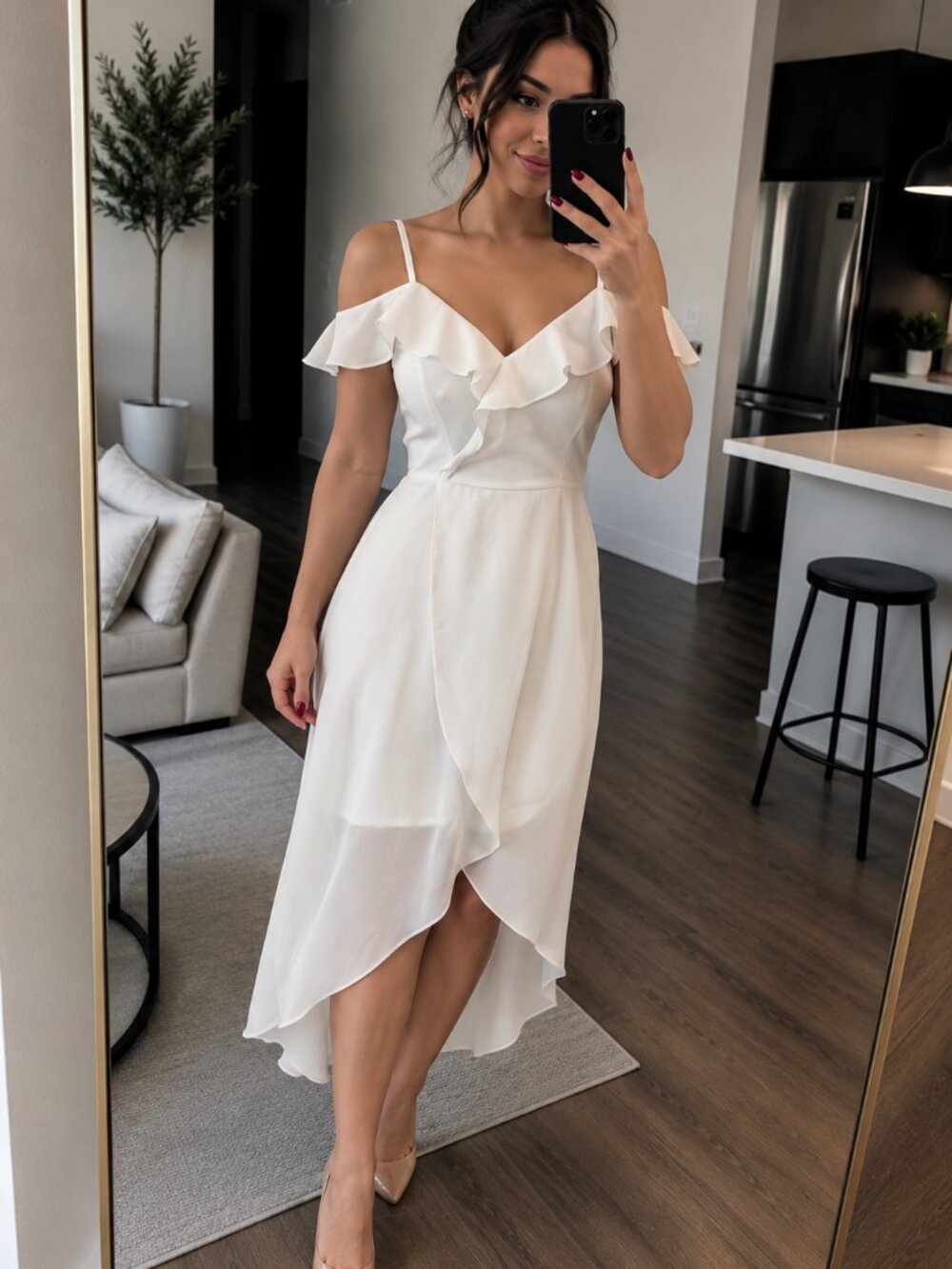 White Off-Shoulder Ruffle Midi Dres - Picture 1 of 3
